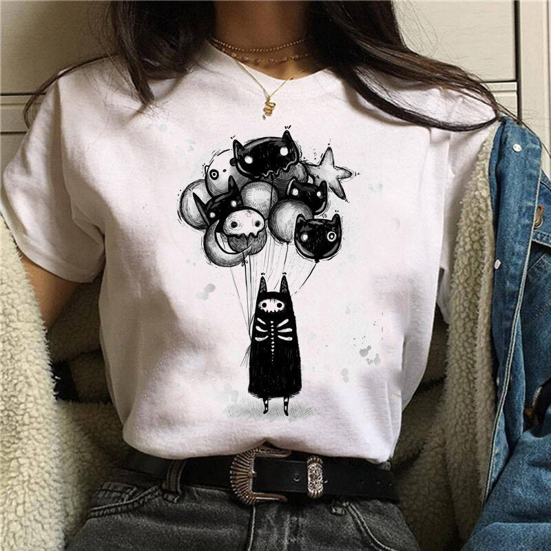 Cute Cartoon Cat Mushroom Print T Shirt