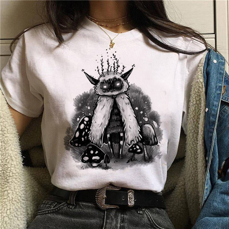 Cute Cartoon Cat Mushroom Print T Shirt