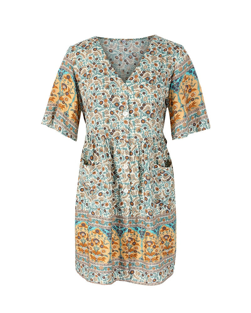 New Floral Print Summer Casual V Neck Bohemian Short Sleeve Dress For Woman