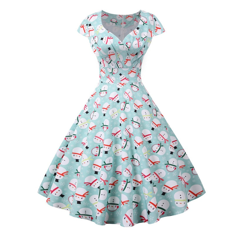 Snowflake Printed Red V-Neck Wrap High Waist Vintage Robe Christmas Dress