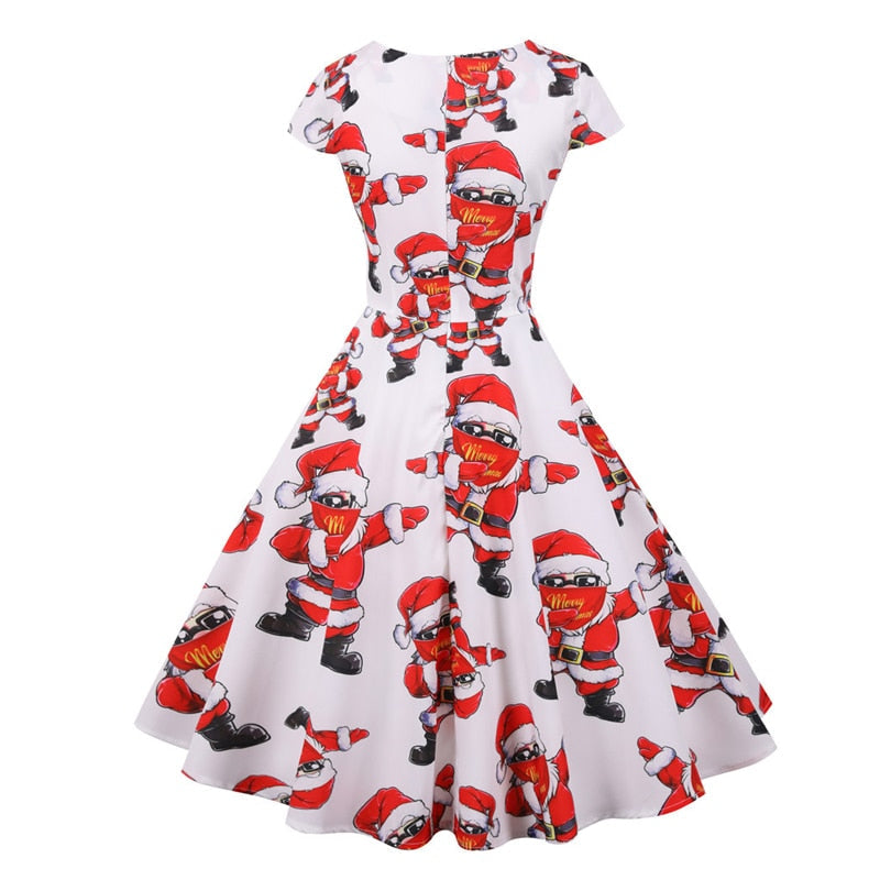 Snowflake Printed Red V-Neck Wrap High Waist Vintage Robe Christmas Dress