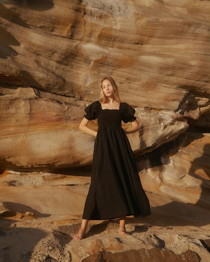 Summer Dresses For  Square Neck Smocked Short Puff Sleeve Vacation Beach Style