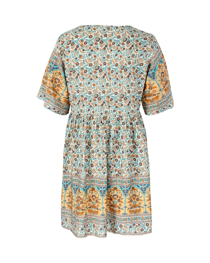 New Floral Print Summer Casual V Neck Bohemian Short Sleeve Dress For Woman