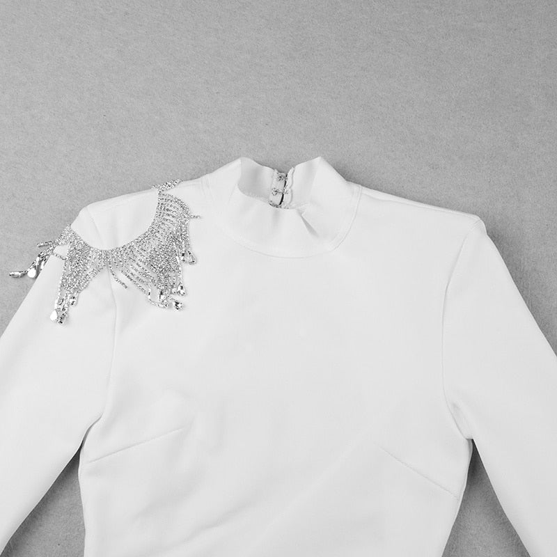 High-Quality Red Black Sparkly Backless Diamonds Tassel Rayon Bandage Dress