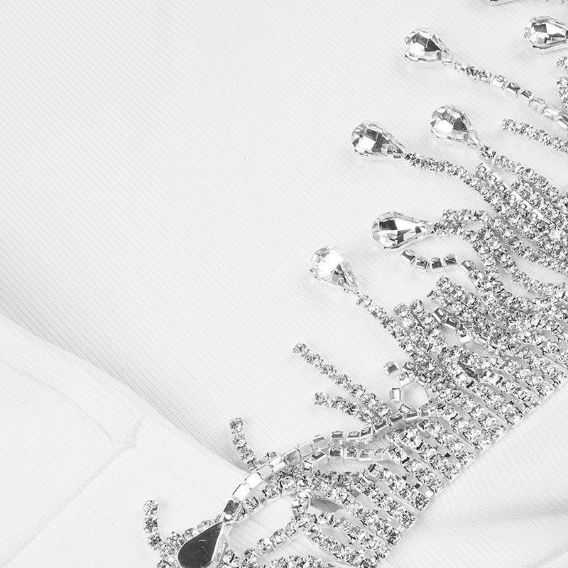 High-Quality Red Black Sparkly Backless Diamonds Tassel Rayon Bandage Dress