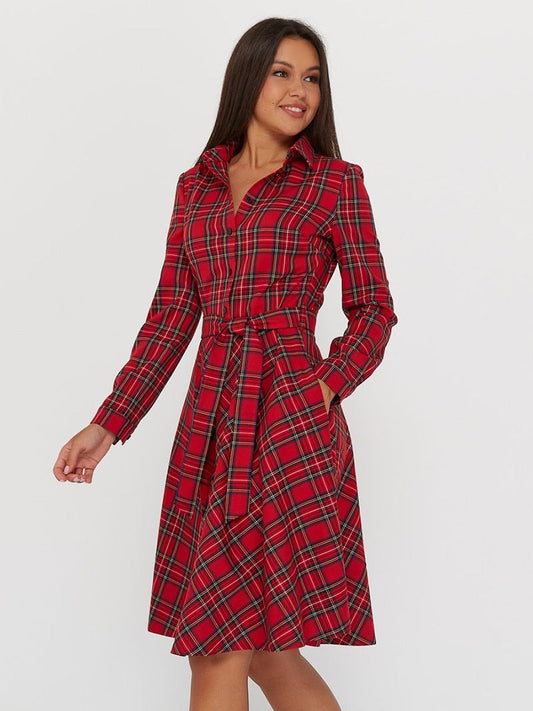 Vintage Scottish Plaid Shirt Dress Long Sleeve Turn-down Collar Belt Button A-line Casual Dresses