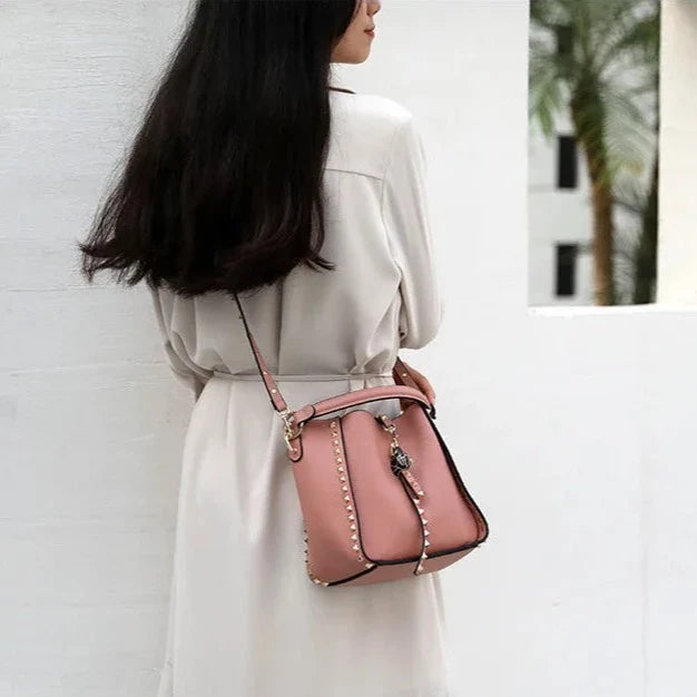 Luxe Riveted Leopard Head Lock Leather Bucket Bag - 7 Colors