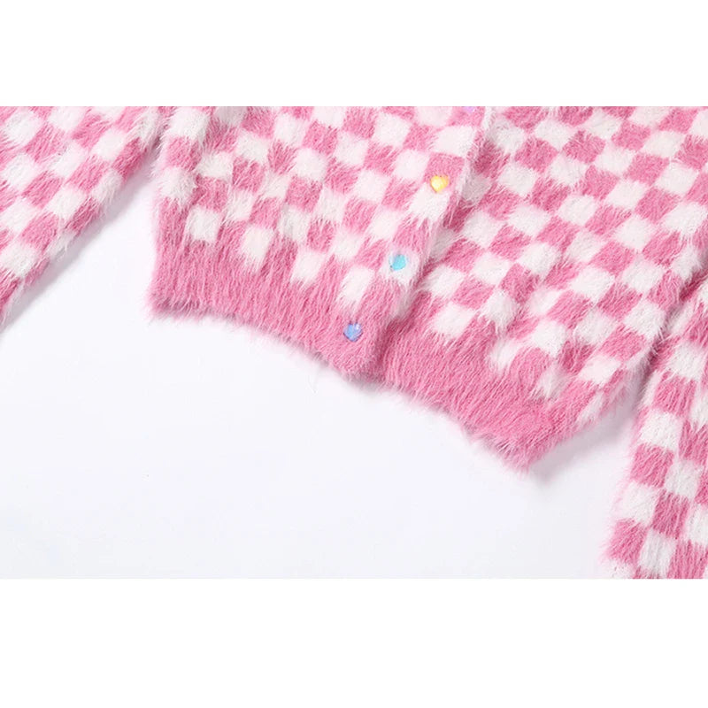 Limona Fuzzy Pink Checkerboard Cropped Cardigan