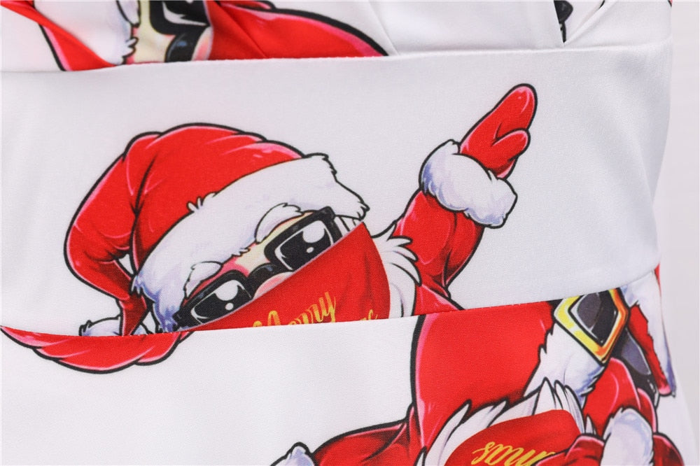 Snowflake Printed Red V-Neck Wrap High Waist Vintage Robe Christmas Dress