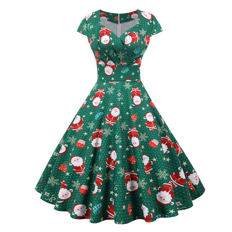 Snowflake Printed Red V-Neck Wrap High Waist Vintage Robe Christmas Dress