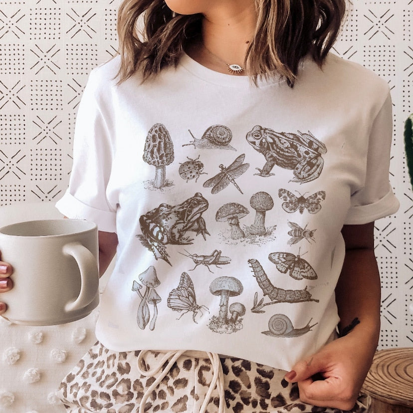 Ladies Mushroon Frog Tshirt Fashion Cartoon Animal Lady Print Tee