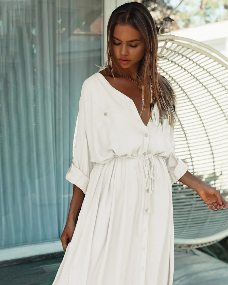 Button Pockets Front Open Self Belted High Waist Summer Dress