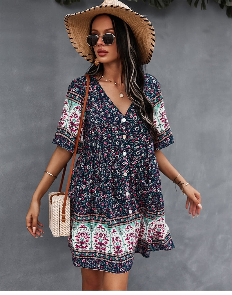 New Floral Print Summer Casual V Neck Bohemian Short Sleeve Dress For Woman