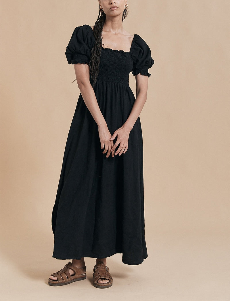 Summer Dresses For  Square Neck Smocked Short Puff Sleeve Vacation Beach Style