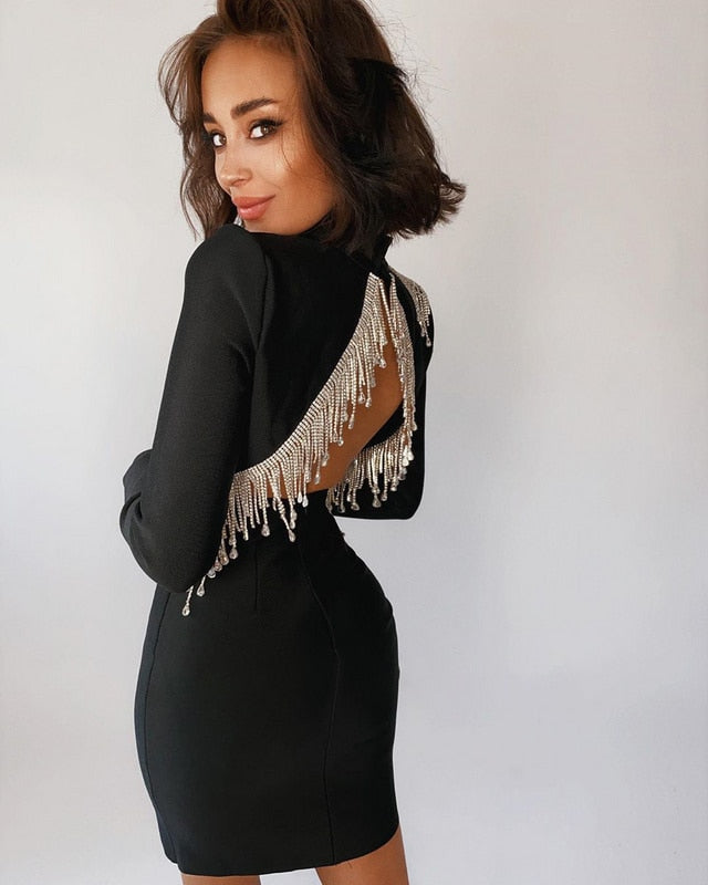 High-Quality Red Black Sparkly Backless Diamonds Tassel Rayon Bandage Dress