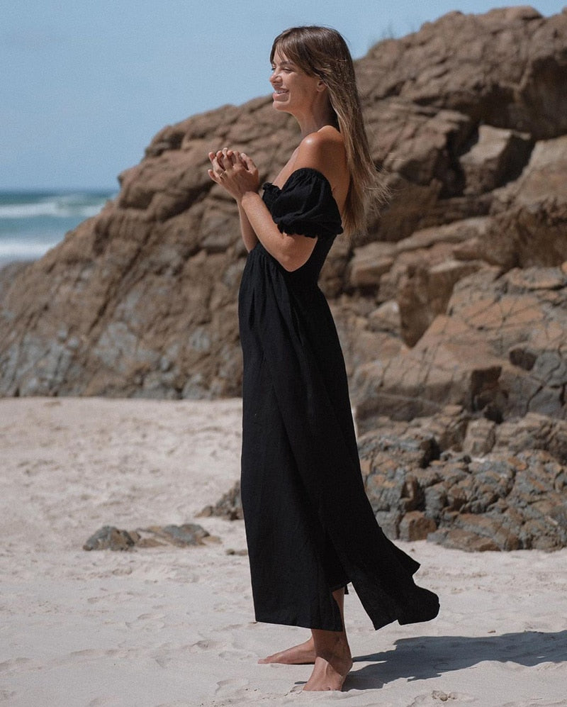 Summer Dresses For  Square Neck Smocked Short Puff Sleeve Vacation Beach Style