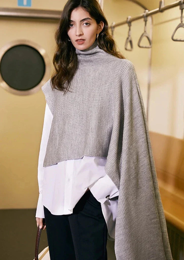 Krie Asymmetric Shoulder Turtleneck Cape Sweater