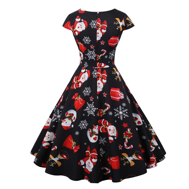 Snowflake Printed Red V-Neck Wrap High Waist Vintage Robe Christmas Dress