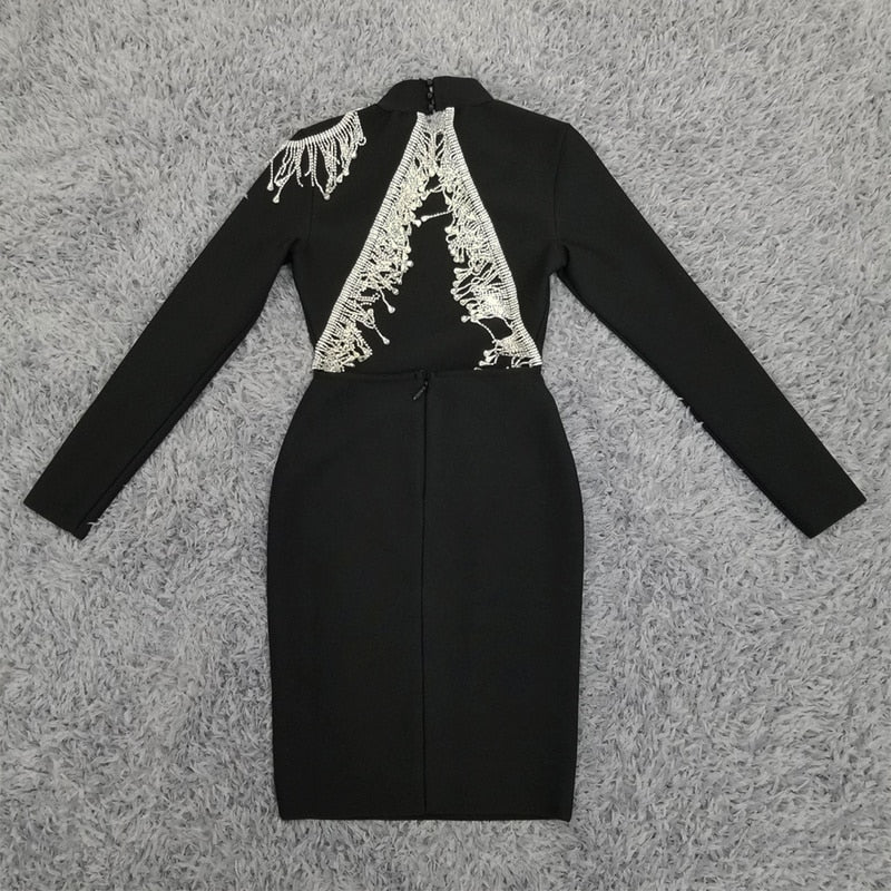 High-Quality Red Black Sparkly Backless Diamonds Tassel Rayon Bandage Dress