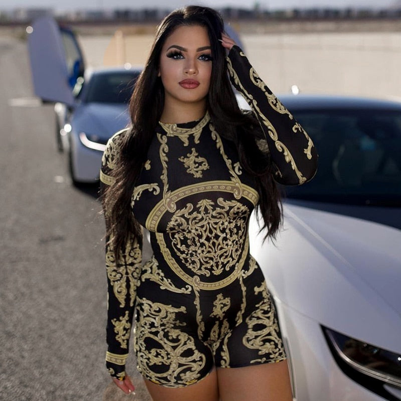 Classical Print O Neck Long Sleeve Romper