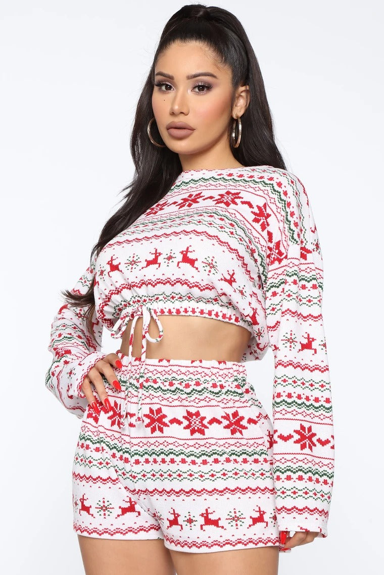 Christmas Pajama Sets Long Sleeve Crop Top Shorts 2Pcs Snowflake Print Knitted