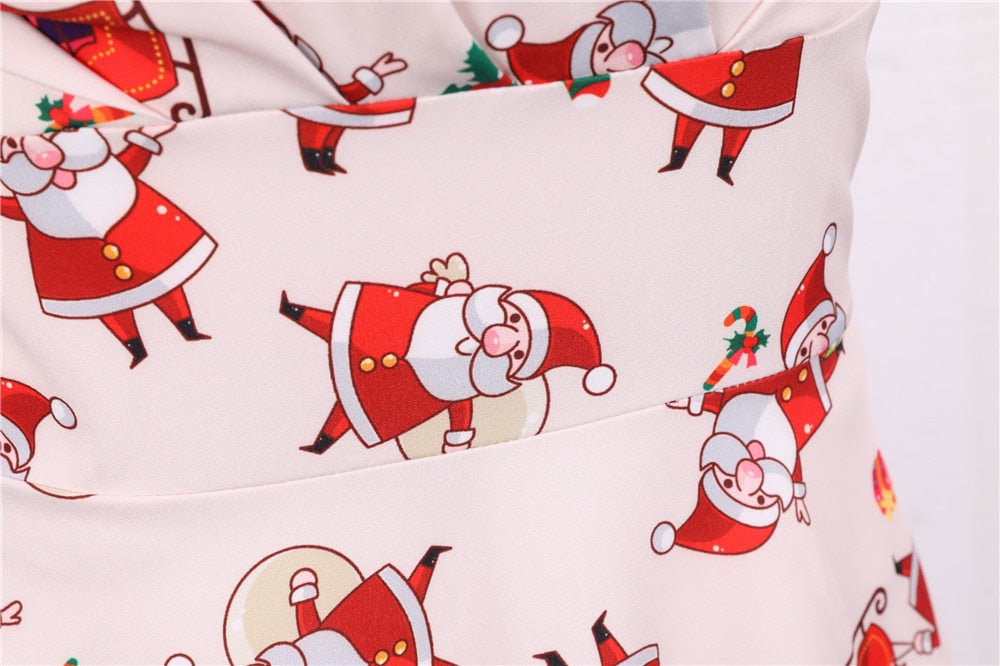 Snowflake Printed Red V-Neck Wrap High Waist Vintage Robe Christmas Dress