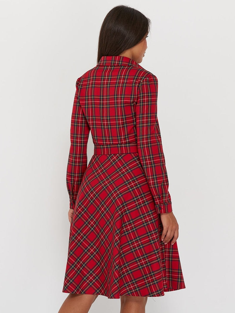 Vintage Scottish Plaid Shirt Dress Long Sleeve Turn-down Collar Belt Button A-line Casual Dresses