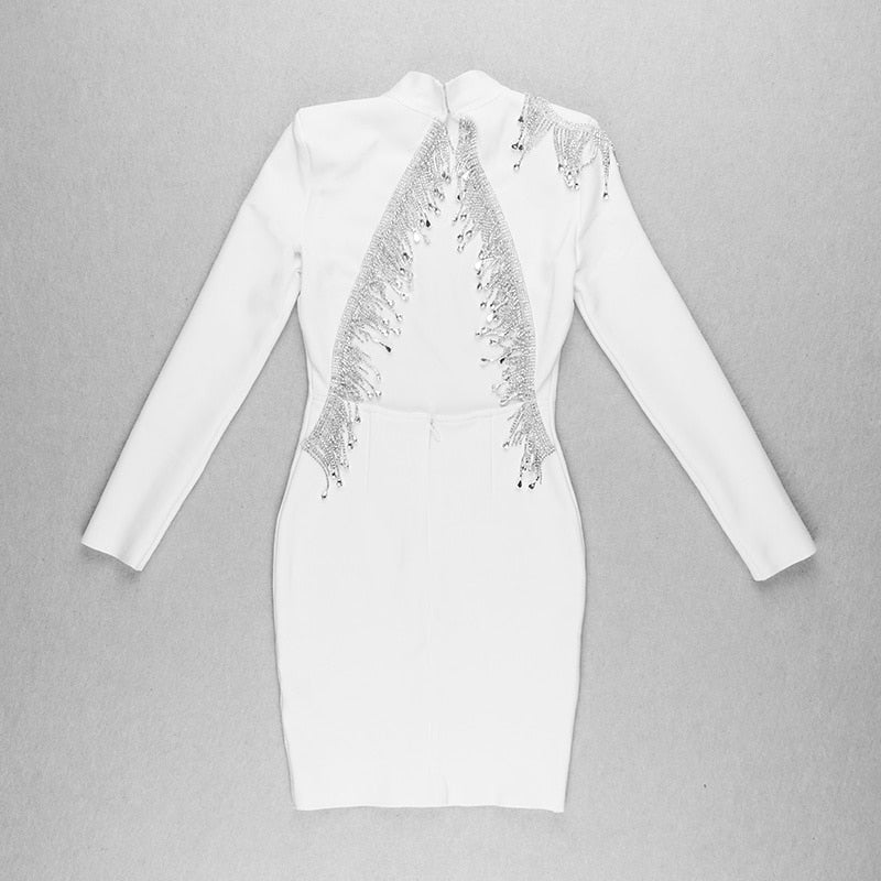 High-Quality Red Black Sparkly Backless Diamonds Tassel Rayon Bandage Dress