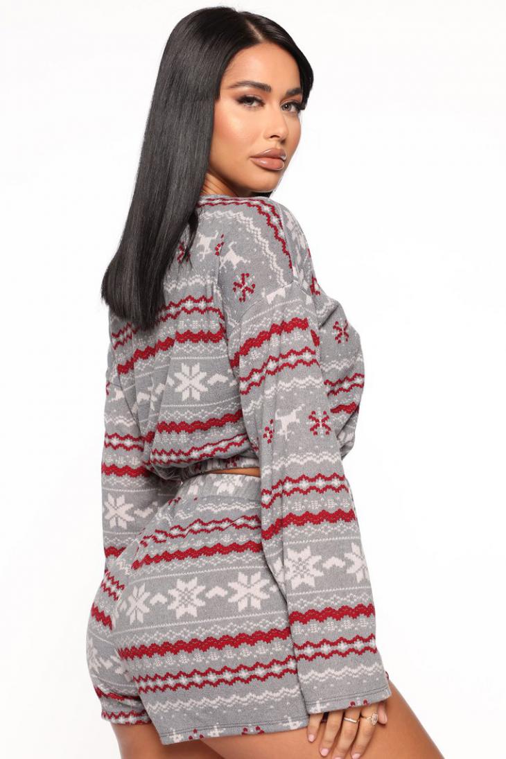 Christmas Pajama Sets Long Sleeve Crop Top Shorts 2Pcs Snowflake Print Knitted