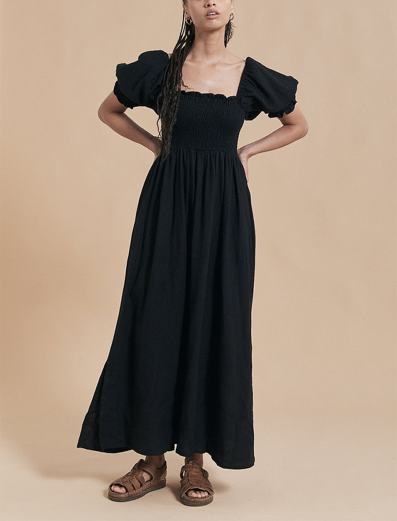 Summer Dresses For  Square Neck Smocked Short Puff Sleeve Vacation Beach Style