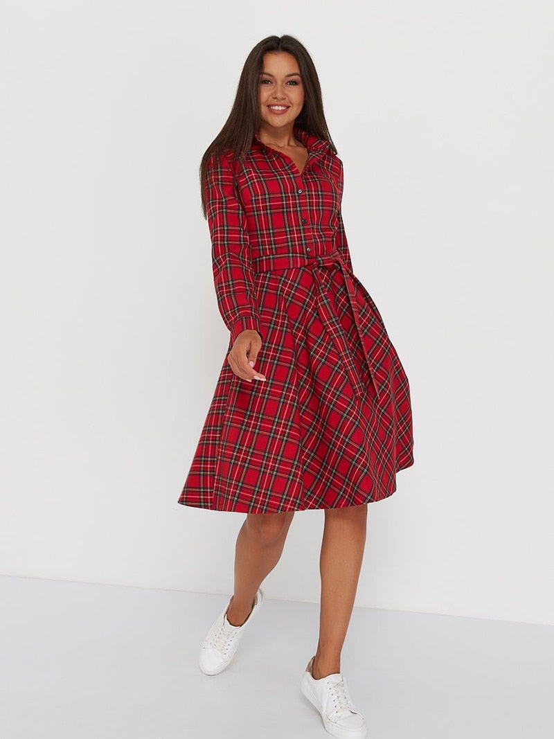 Vintage Scottish Plaid Shirt Dress Long Sleeve Turn-down Collar Belt Button A-line Casual Dresses