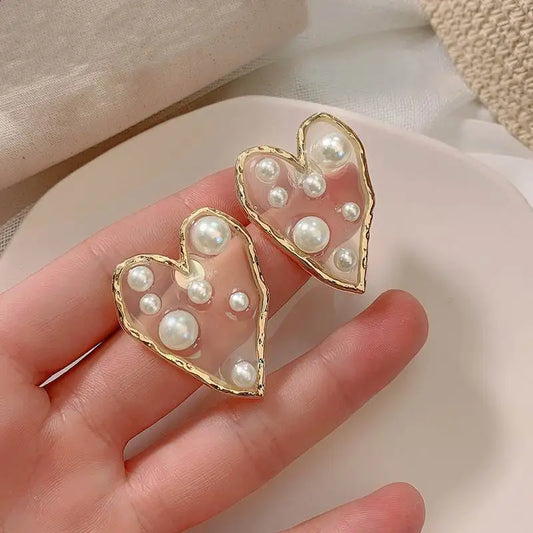 Gina Transparent Heart and Pearl Resin Stud Earrings