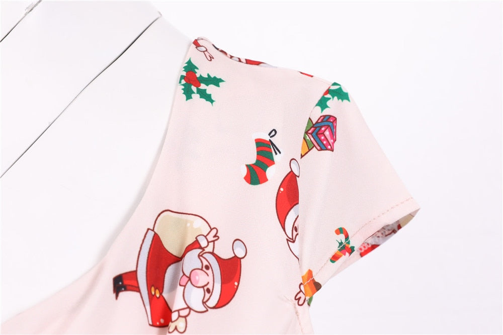 Snowflake Printed Red V-Neck Wrap High Waist Vintage Robe Christmas Dress