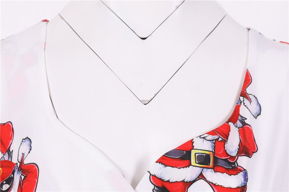 Snowflake Printed Red V-Neck Wrap High Waist Vintage Robe Christmas Dress