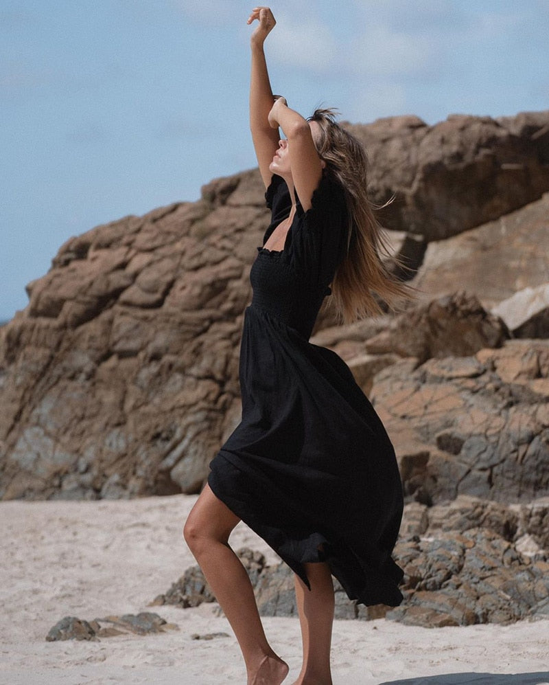 Summer Dresses For  Square Neck Smocked Short Puff Sleeve Vacation Beach Style