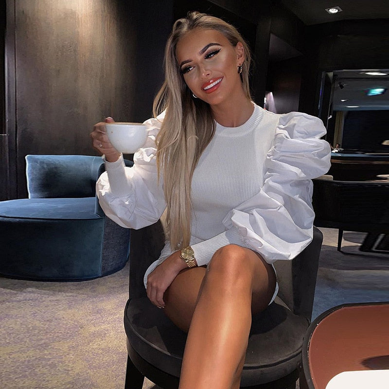 Puff Sleeve Patchwork Slim Top