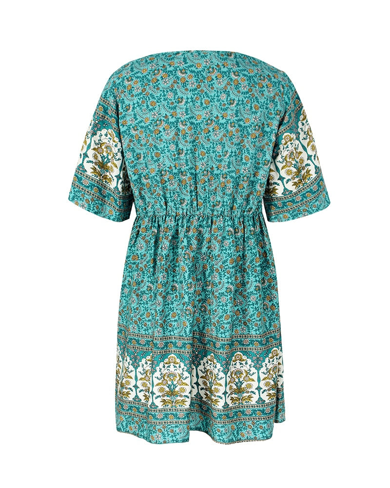 New Floral Print Summer Casual V Neck Bohemian Short Sleeve Dress For Woman