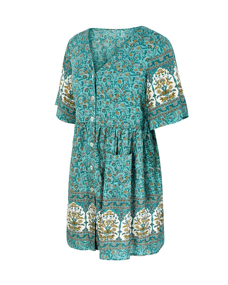 New Floral Print Summer Casual V Neck Bohemian Short Sleeve Dress For Woman