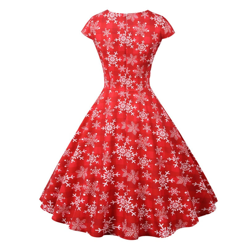 Snowflake Printed Red V-Neck Wrap High Waist Vintage Robe Christmas Dress