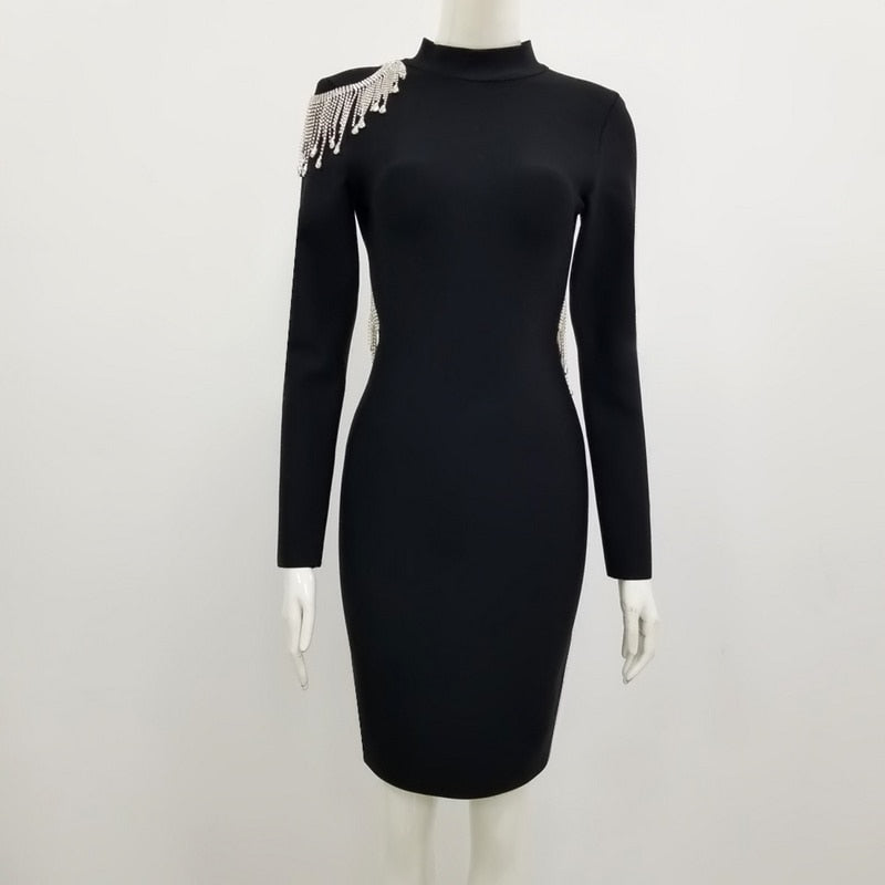 High-Quality Red Black Sparkly Backless Diamonds Tassel Rayon Bandage Dress