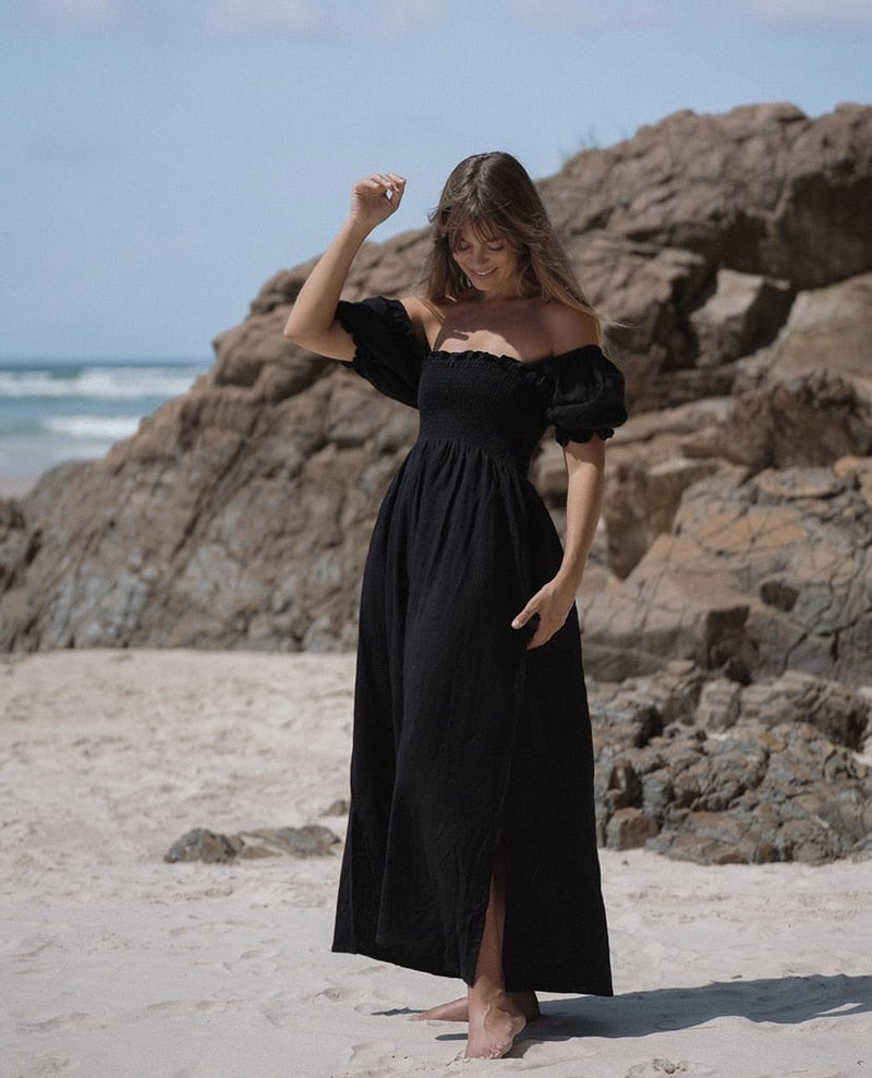 Summer Dresses For  Square Neck Smocked Short Puff Sleeve Vacation Beach Style