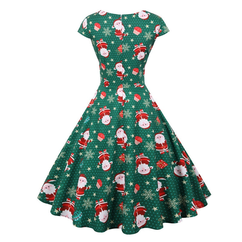 Snowflake Printed Red V-Neck Wrap High Waist Vintage Robe Christmas Dress