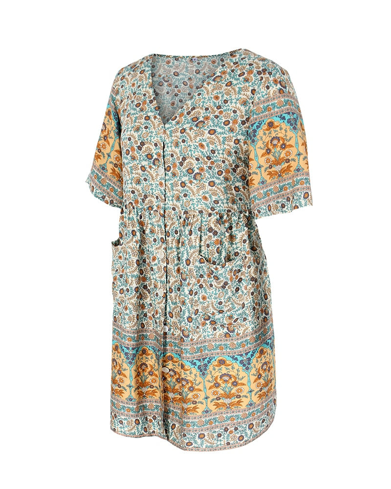 New Floral Print Summer Casual V Neck Bohemian Short Sleeve Dress For Woman