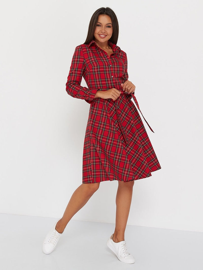 Vintage Scottish Plaid Shirt Dress Long Sleeve Turn-down Collar Belt Button A-line Casual Dresses