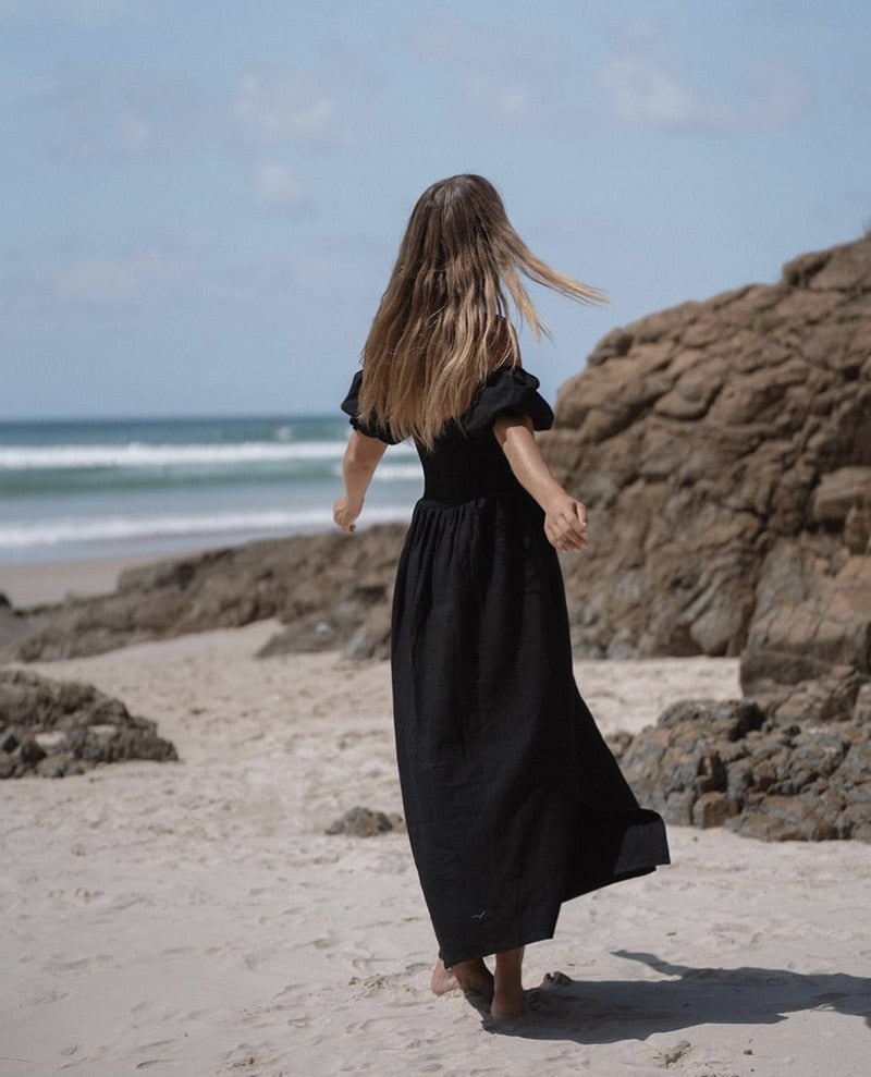 Summer Dresses For  Square Neck Smocked Short Puff Sleeve Vacation Beach Style