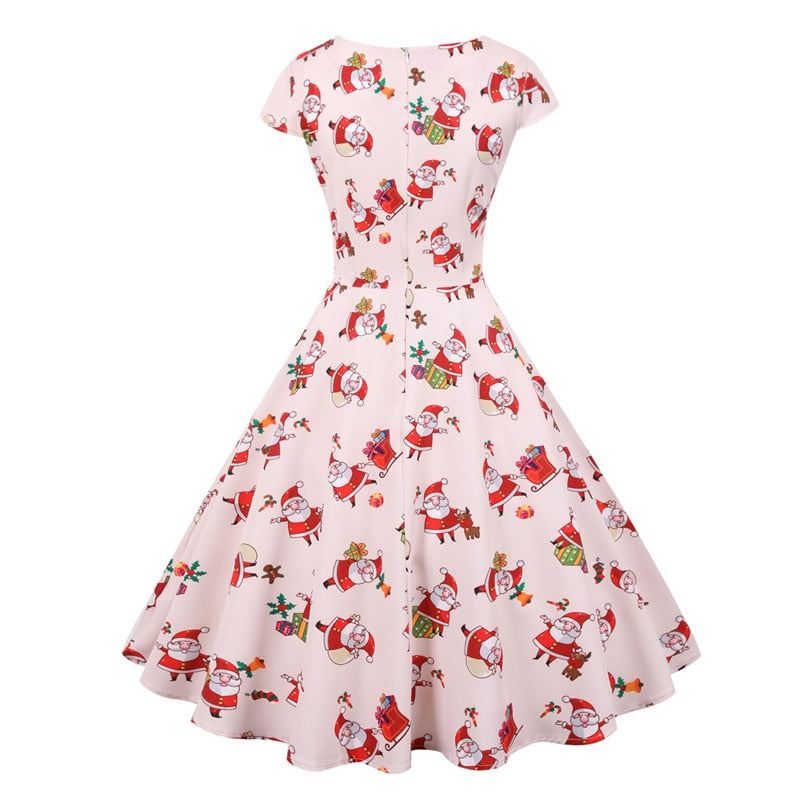 Snowflake Printed Red V-Neck Wrap High Waist Vintage Robe Christmas Dress