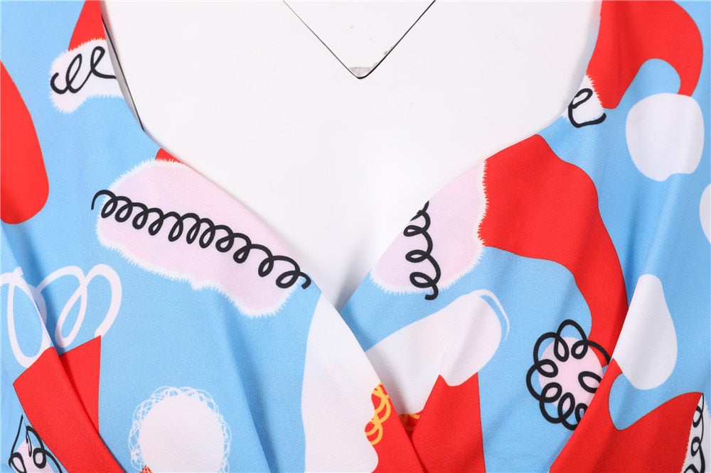 Snowflake Printed Red V-Neck Wrap High Waist Vintage Robe Christmas Dress