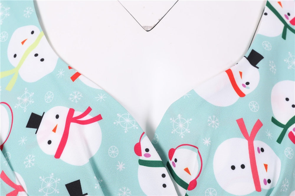 Snowflake Printed Red V-Neck Wrap High Waist Vintage Robe Christmas Dress