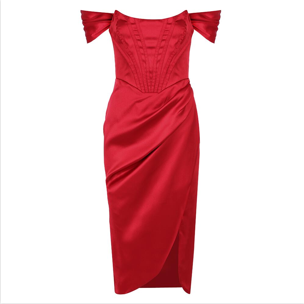 Runway Fashion Off-Shoulder Split Red Corset Dress