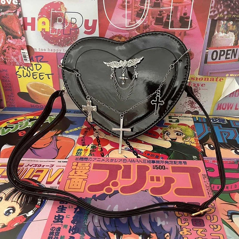 Y2K Subculture Cross Heart Shaped Punk Gothic Crossbody Shoulder Bag